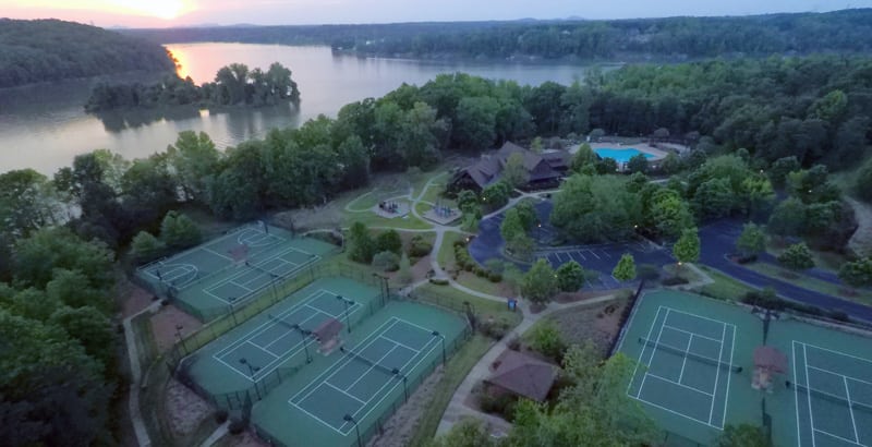 Tennis courts with lake views